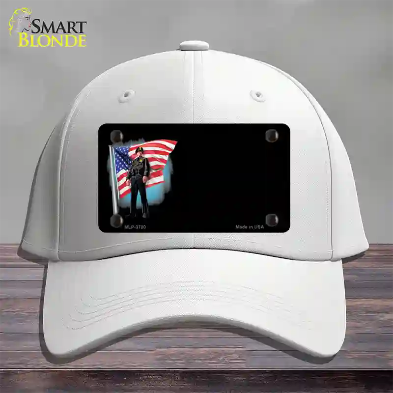 Police Officer American Flag Offset Novelty License Plate Hat Cotton / White