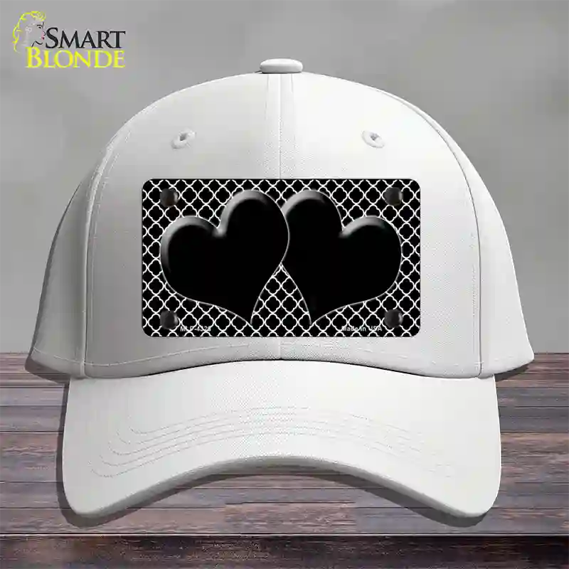Black White Quatrefoil Black Center Hearts Novelty License Plate Hat Cotton / White