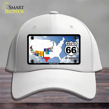 Route 66 8 Flags Clouds Novelty License Plate Hat Cotton / White