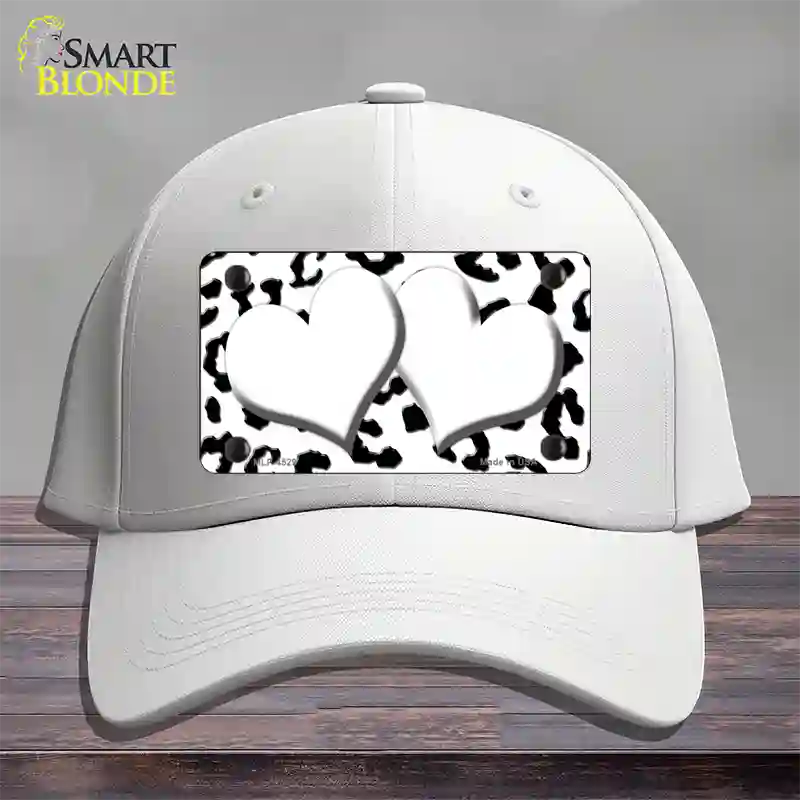 White Black Cheetah White Center Hearts Novelty License Plate Hat Cotton / White