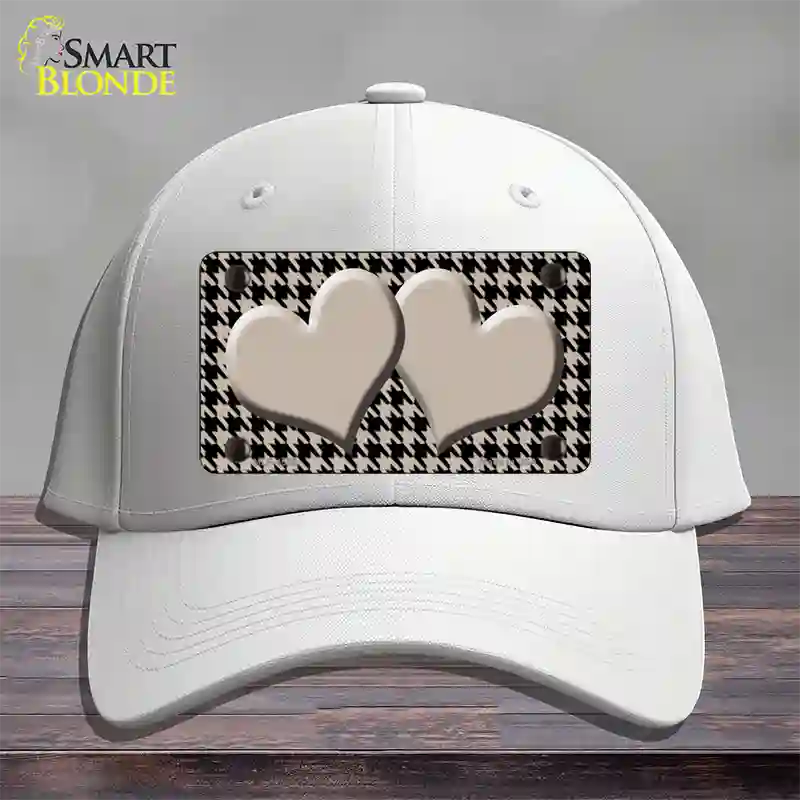 Tan Black Houndstooth Tan Center Hearts Novelty License Plate Hat Cotton / White