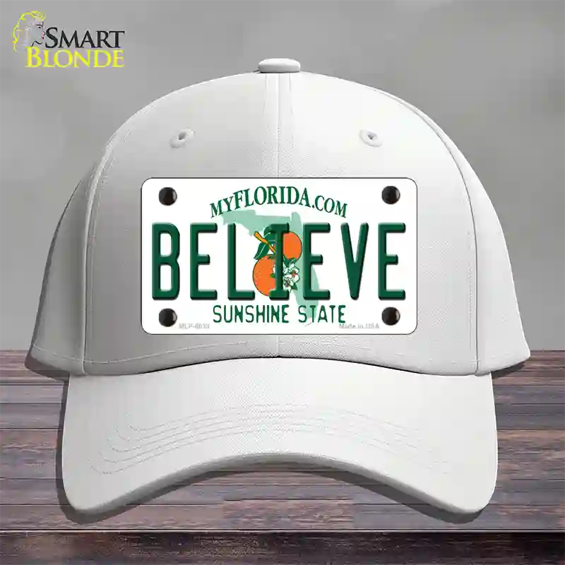 Believe Florida Novelty License Plate Hat Cotton / White