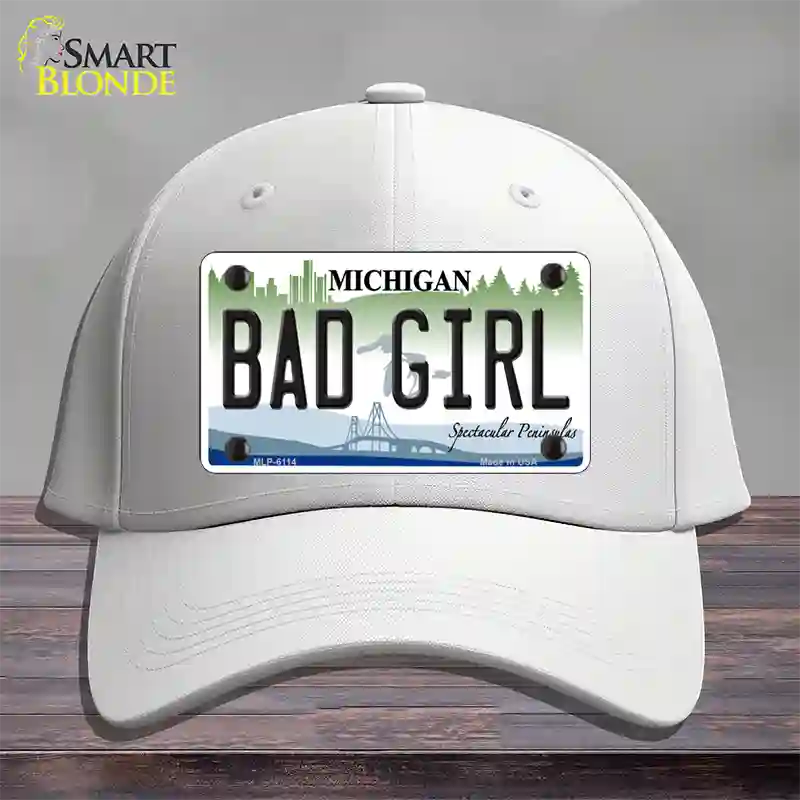 Bad Girl Michigan Novelty License Plate Hat Cotton / White