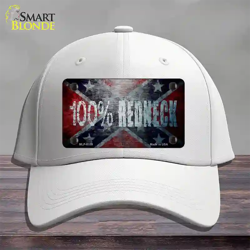 100% Redneck Confederate Novelty License Plate Hat Cotton / White