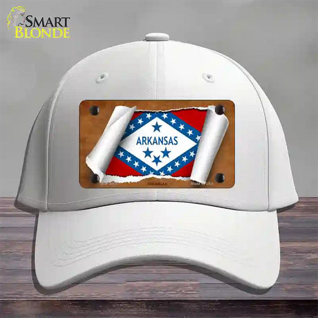 Arkansas Flag Scroll Novelty License Plate Hat Cotton / White