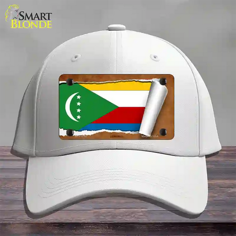 Comoros Flag Scroll Novelty License Plate Hat Cotton / White