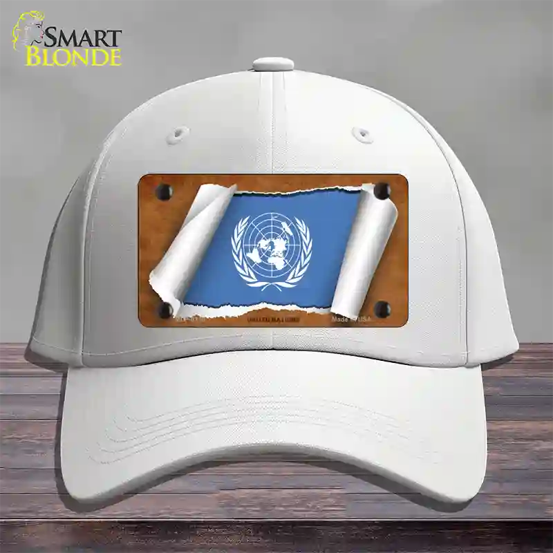 United Nations Flag Scroll Novelty License Plate Hat Cotton / White