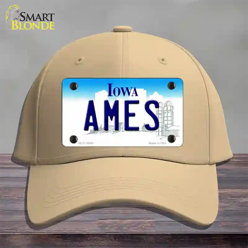 Ames Iowa Novelty License Plate Hat Cotton / Khaki