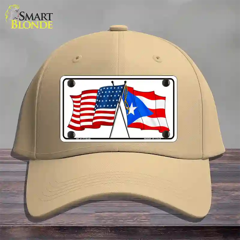 Puerto Rico Crossed US Flag Novelty License Plate Hat Cotton / Khaki