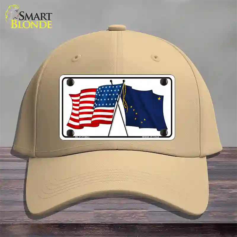 Alaska Crossed US Flag Novelty License Plate Hat Cotton / Khaki