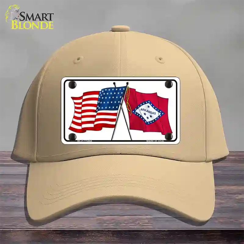 Arkansas Crossed US Flag Novelty License Plate Hat Cotton / Khaki