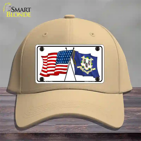 Connecticut Crossed US Flag Novelty License Plate Hat Cotton / Khaki