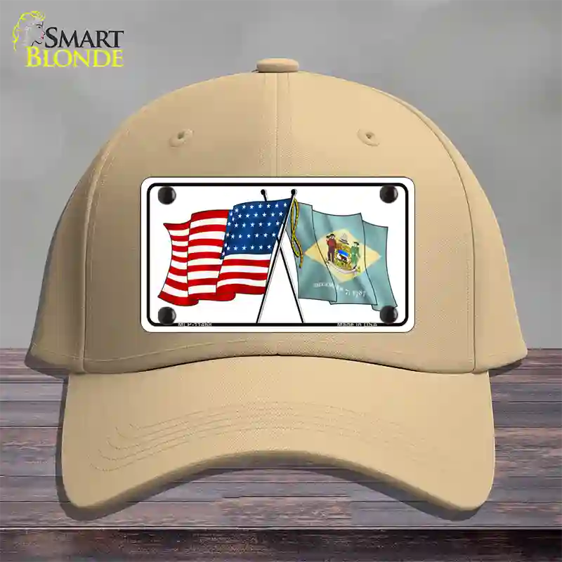 Delaware Crossed US Flag Novelty License Plate Hat Cotton / Khaki