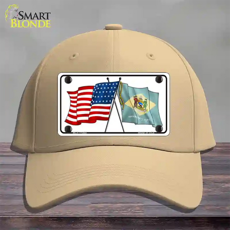 Delaware Crossed US Flag Novelty License Plate Hat Cotton / Khaki