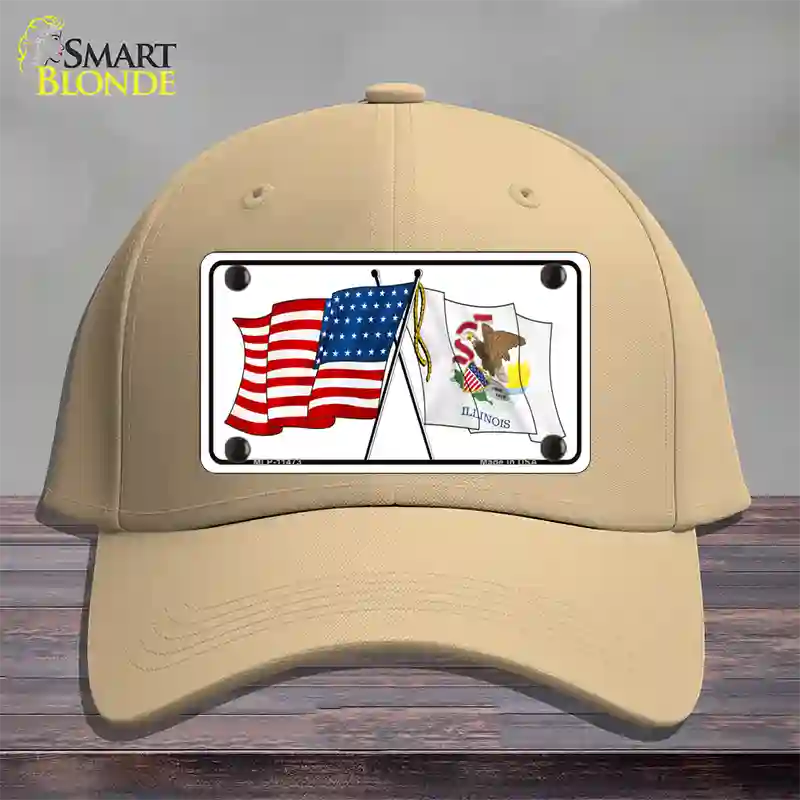 Illinois Crossed US Flag Novelty License Plate Hat Cotton / Khaki