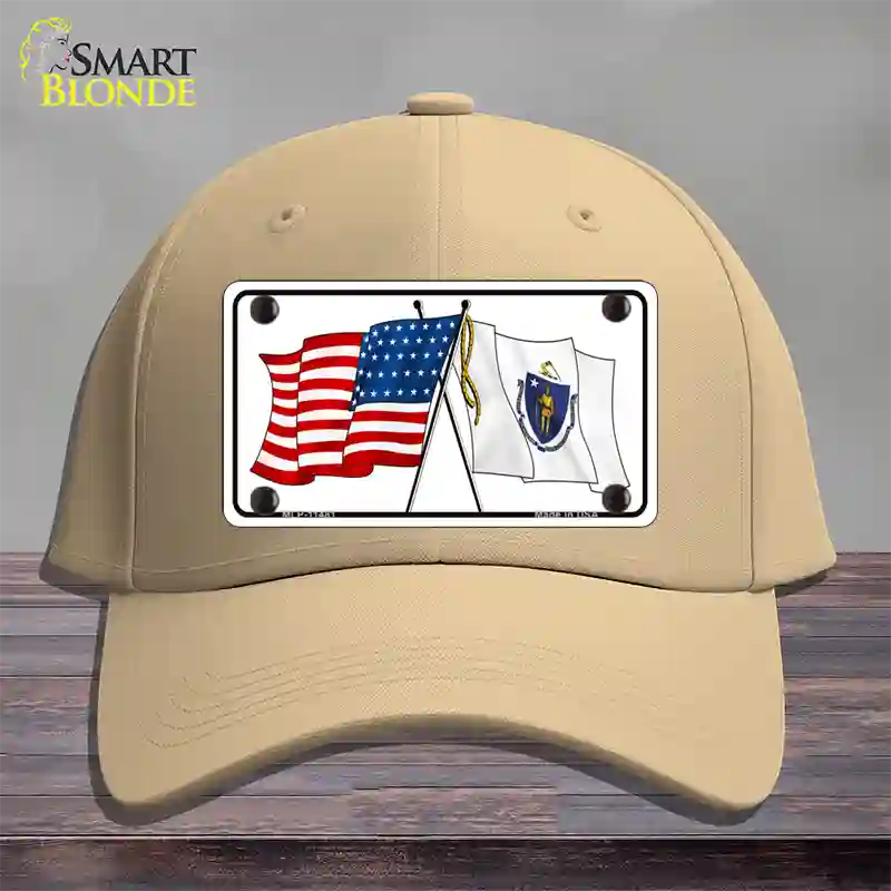 Massachusetts Crossed US Flag Novelty License Plate Hat Cotton / Khaki