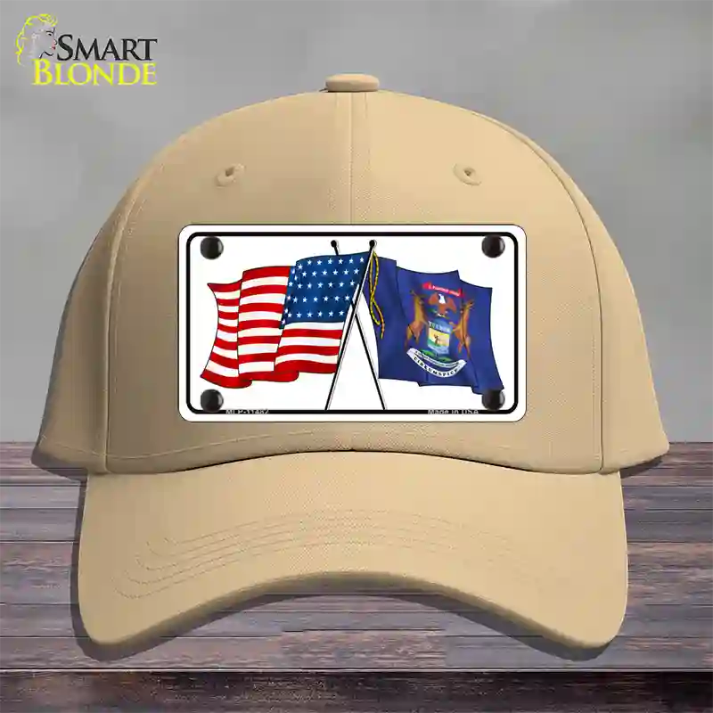 Michigan Crossed US Flag Novelty License Plate Hat Cotton / Khaki