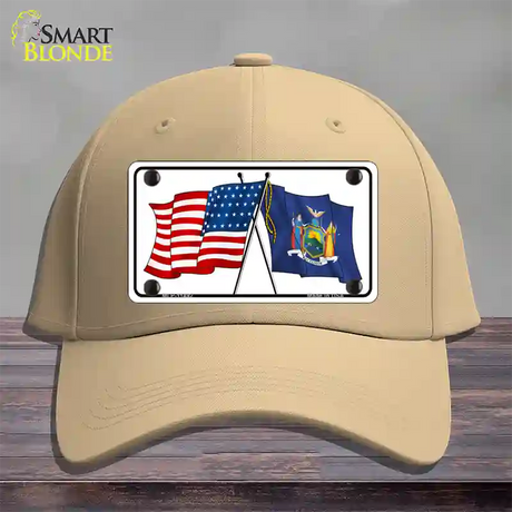 New York Crossed US Flag Novelty License Plate Hat Cotton / Khaki