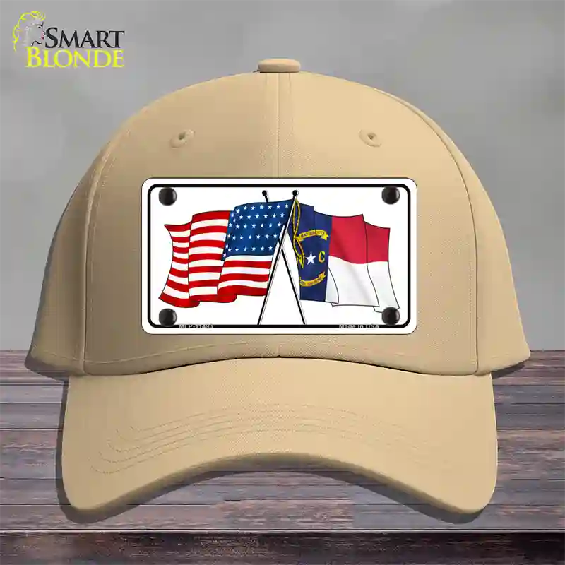 North Carolina Crossed US Flag Novelty License Plate Hat Cotton / Khaki