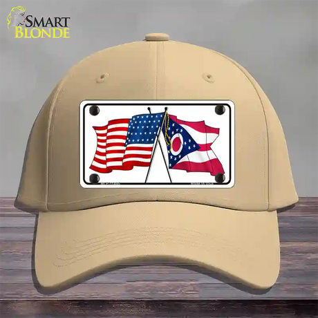 Ohio Crossed US Flag Novelty License Plate Hat Cotton / Khaki