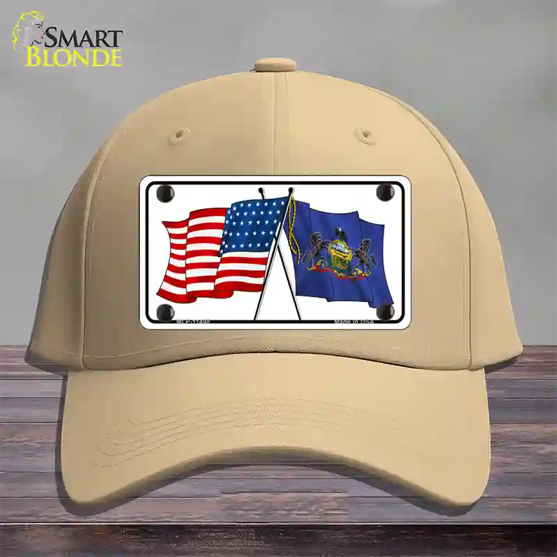 Pennsylvania Crossed US Flag Novelty License Plate Hat Cotton / Khaki