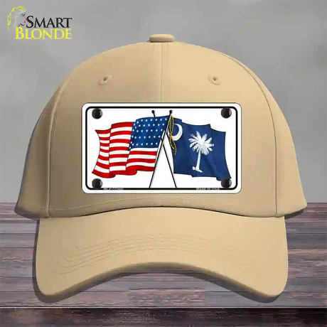 South Carolina Crossed US Flag Novelty License Plate Hat Cotton / Khaki