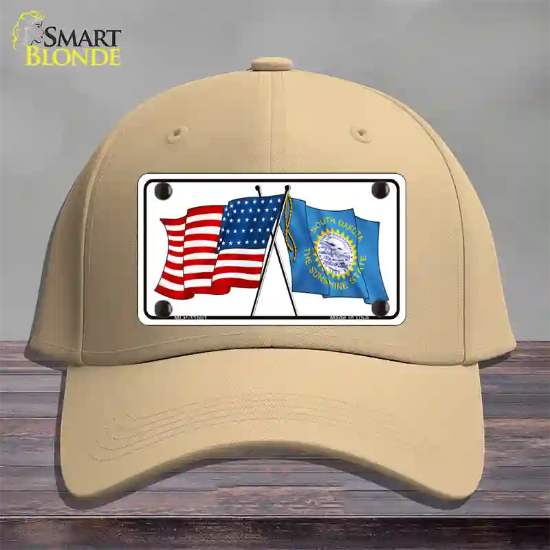 South Dakota Crossed US Flag Novelty License Plate Hat Cotton / Khaki