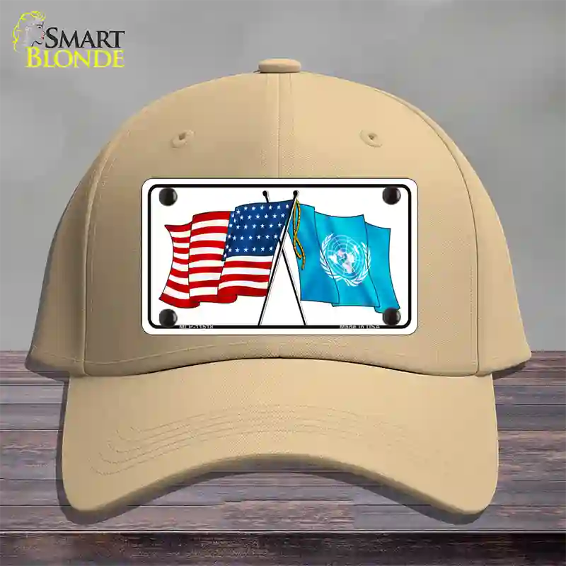 United Nation Crossed US Flag Novelty License Plate Hat Cotton / Khaki