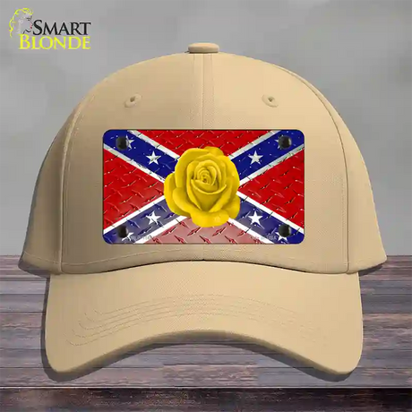 Confederate Flag With Yellow Rose Novelty License Plate Hat Cotton / Khaki