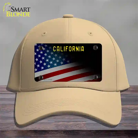 California with American Flag Novelty License Plate Hat Cotton / Khaki