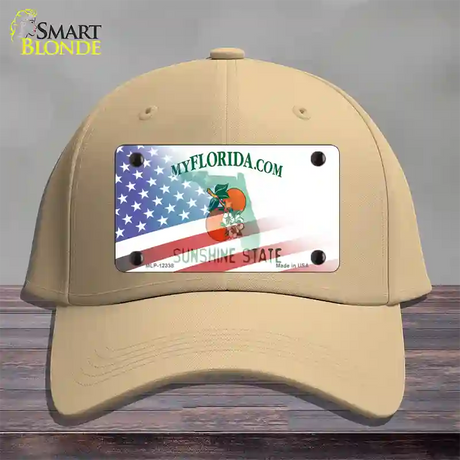 Florida with American Flag Novelty License Plate Hat Cotton / Khaki