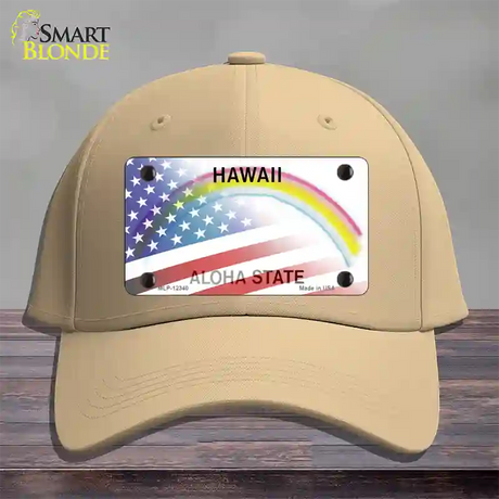 Hawaii with American Flag Novelty License Plate Hat Cotton / Khaki