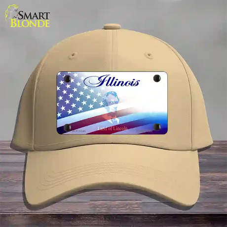 Illinois with American Flag Novelty License Plate Hat Cotton / Khaki