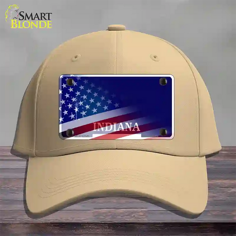 Indiana with American Flag Novelty License Plate Hat Cotton / Khaki