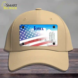 Iowa with American Flag Novelty License Plate Hat Cotton / Khaki