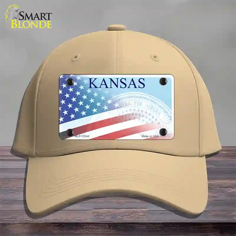 Kansas with American Flag Novelty License Plate Hat Cotton / Khaki