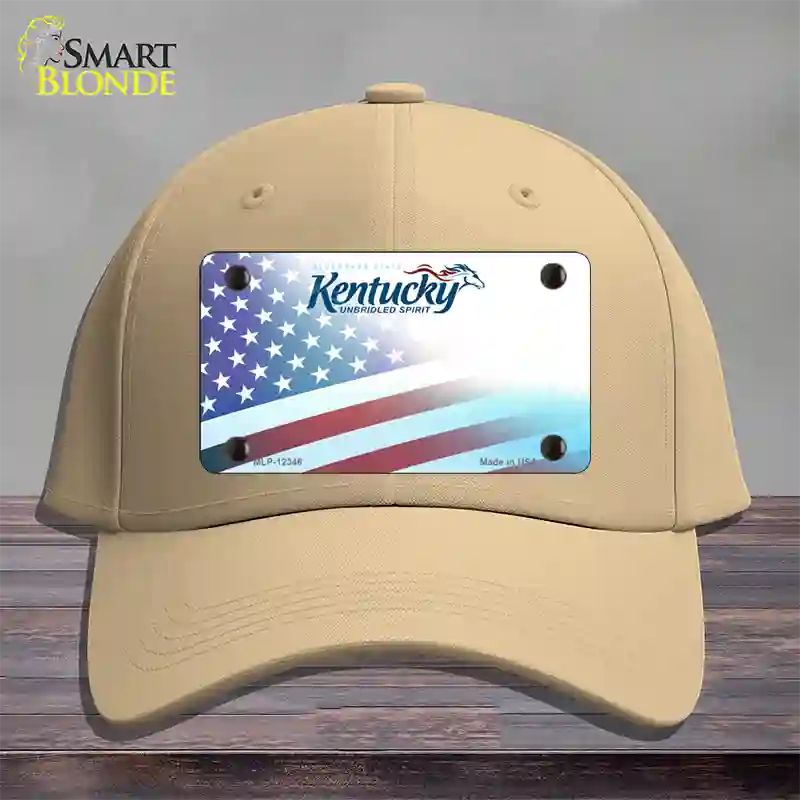 Kentucky with American Flag Novelty License Plate Hat Cotton / Khaki