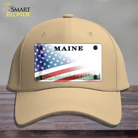 Maine with American Flag Novelty License Plate Hat Cotton / Khaki