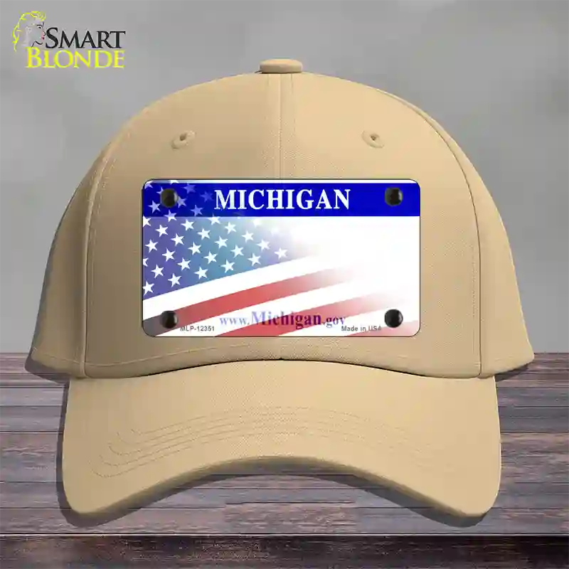 Michigan with American Flag Novelty License Plate Hat Cotton / Khaki