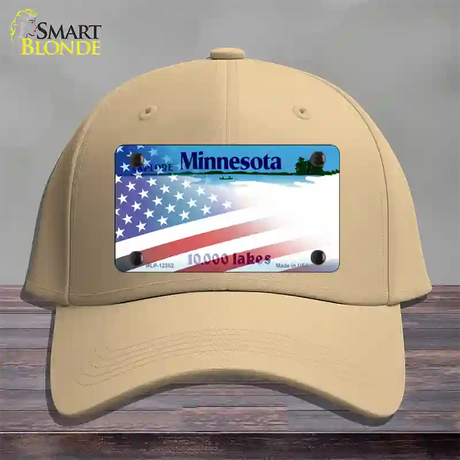 Minnesota with American Flag Novelty License Plate Hat Cotton / Khaki