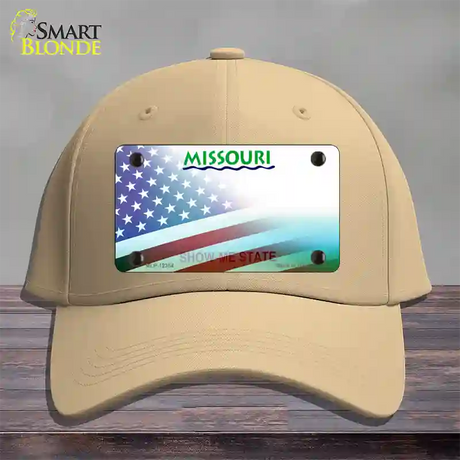 Missouri with American Flag Novelty License Plate Hat Cotton / Khaki