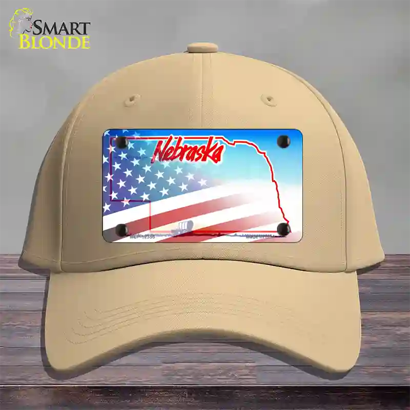 Nebraska with American Flag Novelty License Plate Hat Cotton / Khaki