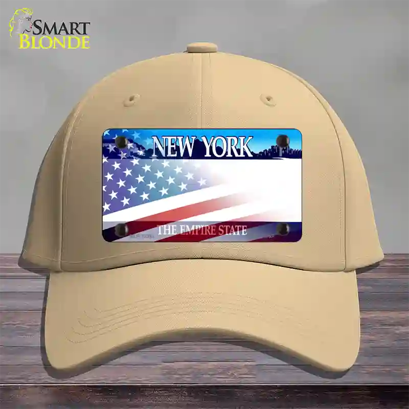 New York with American Flag Novelty License Plate Hat Cotton / Khaki