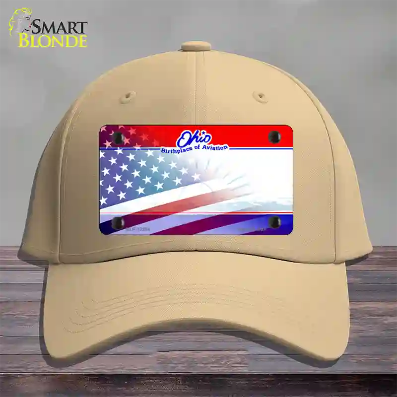 Ohio with American Flag Novelty License Plate Hat Cotton / Khaki