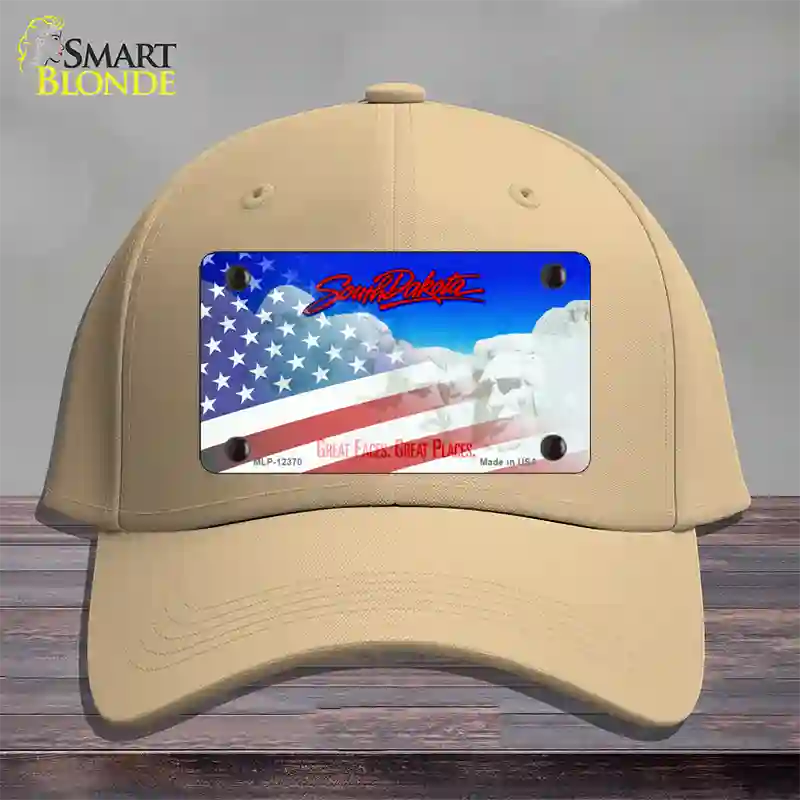 South Dakota with American Flag Novelty License Plate Hat Cotton / Khaki