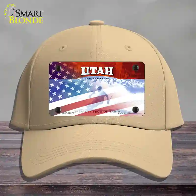 Utah with American Flag Novelty License Plate Hat Cotton / Khaki