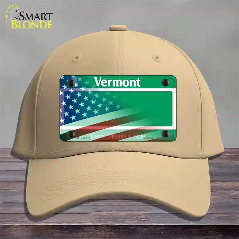 Vermont with American Flag Novelty License Plate Hat Cotton / Khaki