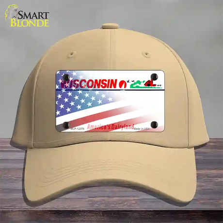 Wisconsin with American Flag Novelty License Plate Hat Cotton / Khaki