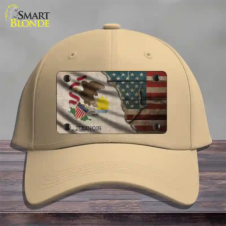 Illinois/American Flag Novelty License Plate Hat Cotton / Khaki