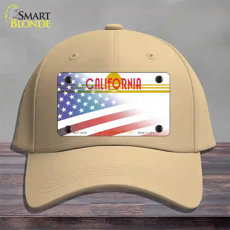 California Golden with American Flag Novelty License Plate Hat Cotton / Khaki